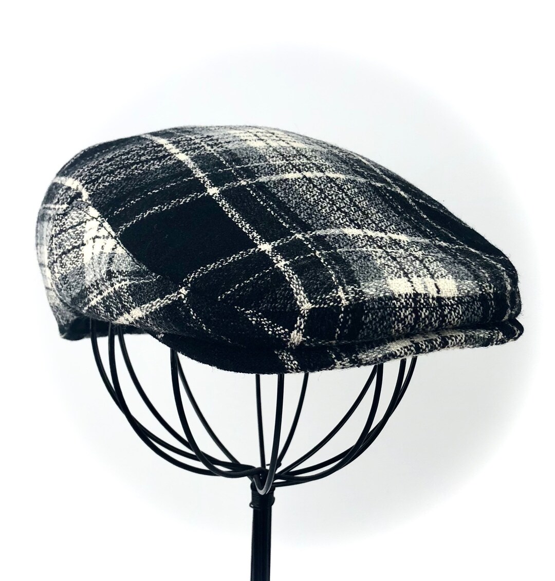 Men's Wool Hat Golf Cap in Black Grey & Ivory Plaid Flat Etsy