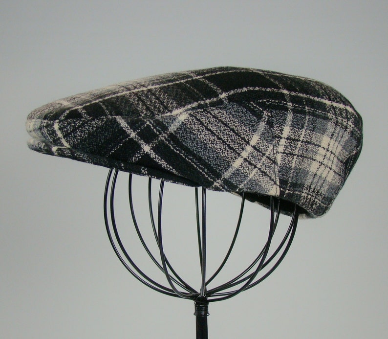 Men's Wool Hat Golf Cap in Black Grey & Ivory Plaid Flat Etsy