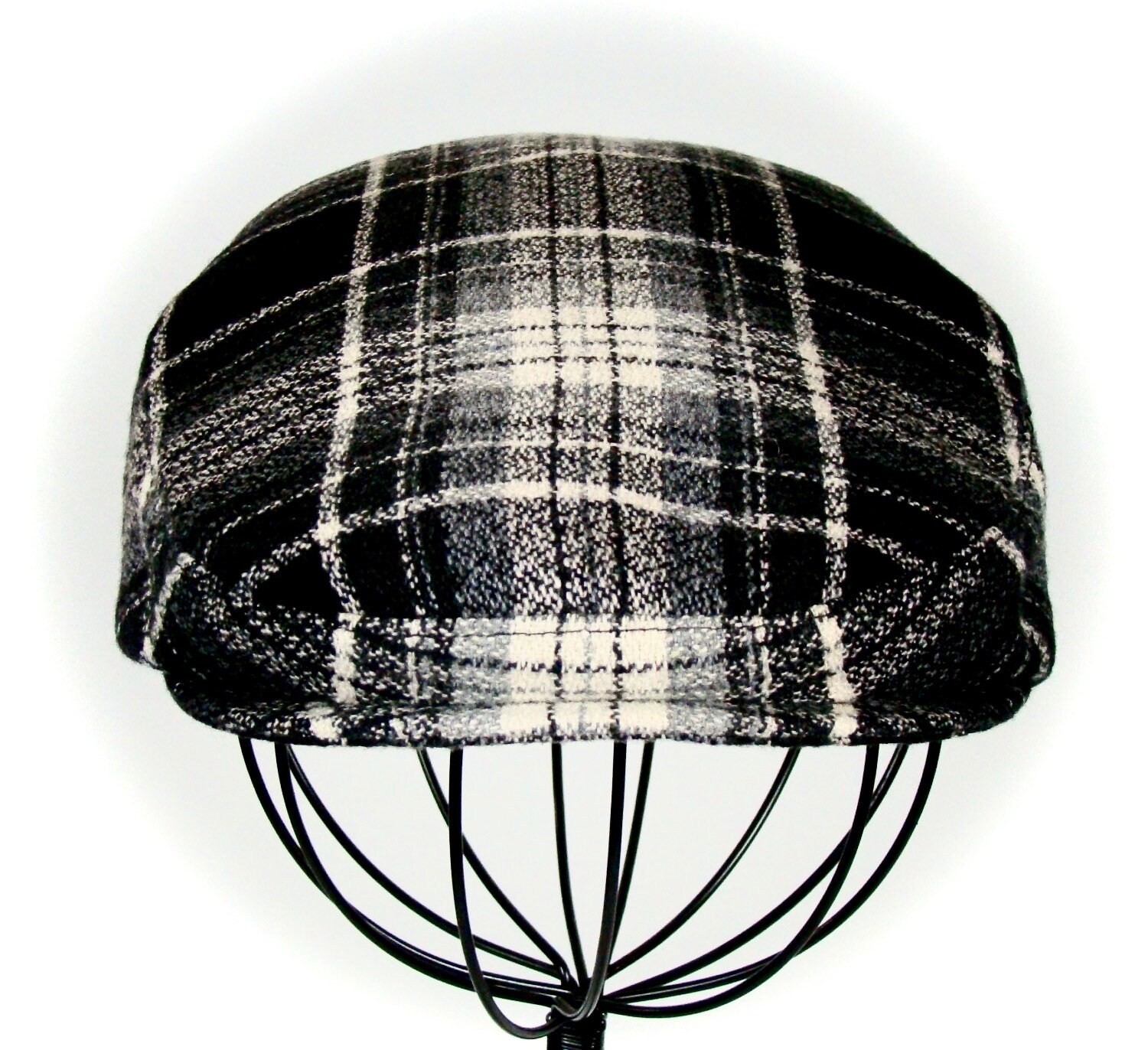 Men's Wool Hat Golf Cap in Black Grey & Ivory Plaid Flat Etsy
