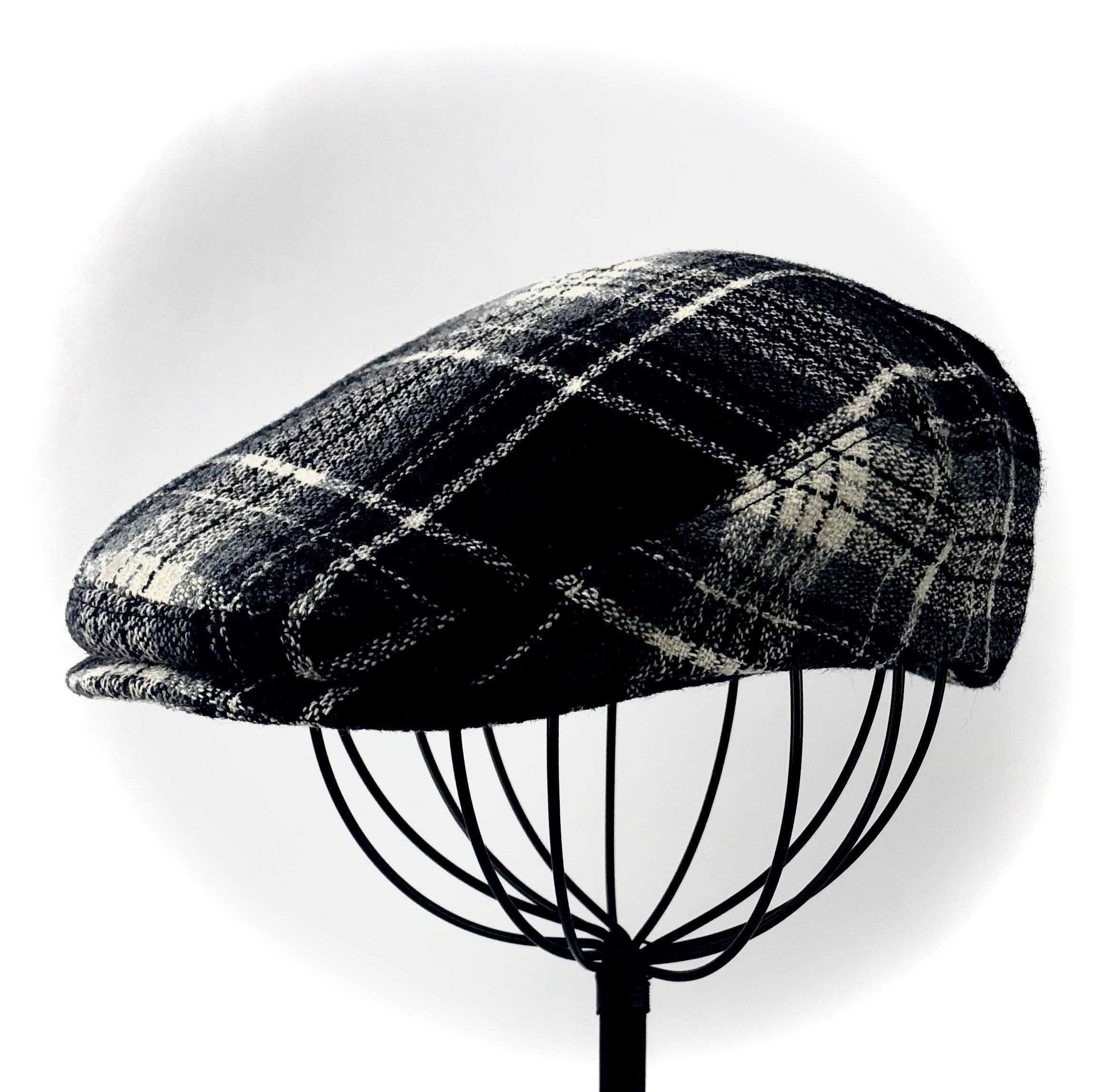 Men's Wool Hat Golf Cap in Black Grey & Ivory Plaid Flat Etsy