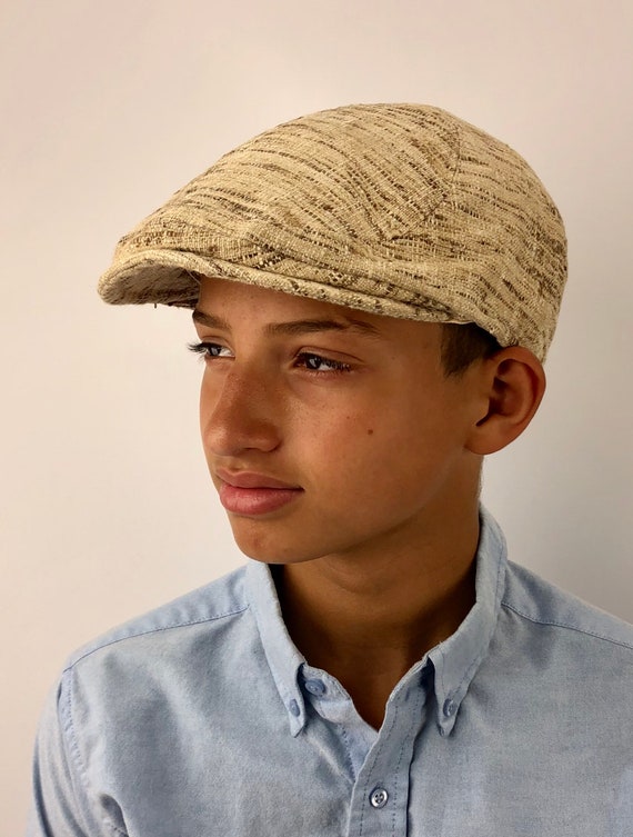 Custom 6-Panel Handmade Flat Cap Driving Cap for Men in Natural Silk Matka - Tan Brown Raw Silk