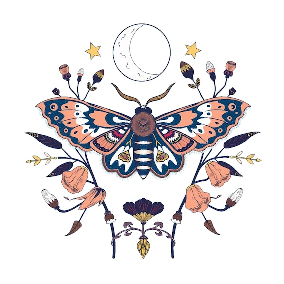 Celestial Moth Floral PNG, Botanical Moon Stars…
