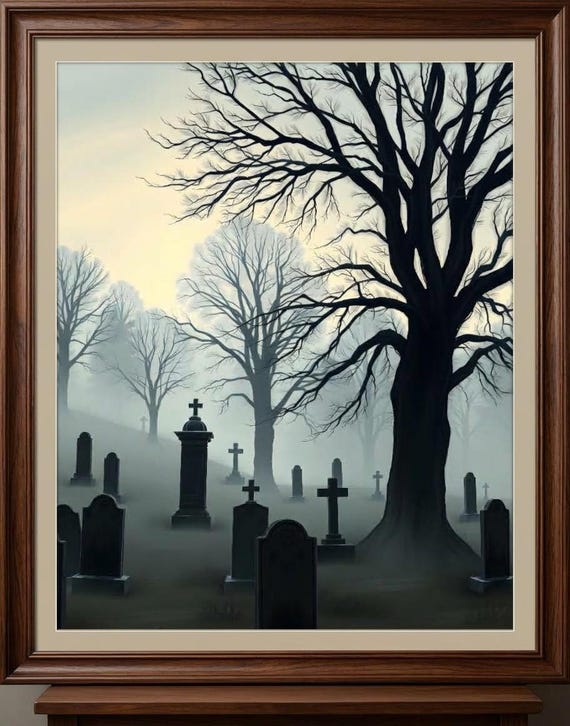 Gothic Misty Graveyard Printable Wall Art, Gothic…