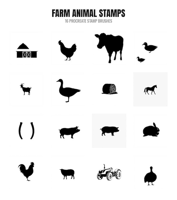 Farm Animal Procreate Stamps, 16 Barnyard Brush…
