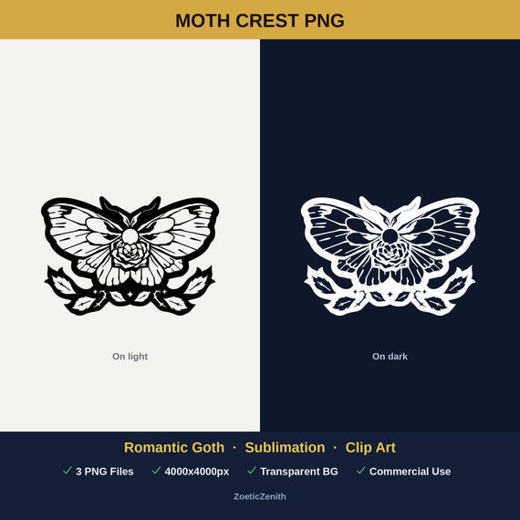 Moth Crest PNG, Romantic Goth Sublimation Clipart…