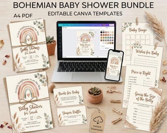 Boho Neutral Baby Shower Bundle, Editable Canva Template, Teddy Bear Baby Shower Games, Welcome Sign, Invitation, Baby Bingo, A4 Printable