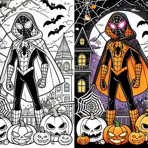 May include: A black and white illustration of Spider-Man wearing a hooded cloak and standing in front of a spooky Halloween scene with pumpkins and a haunted house. The other side of the image shows the same scene but with the Spider-Man character colored in orange and black.