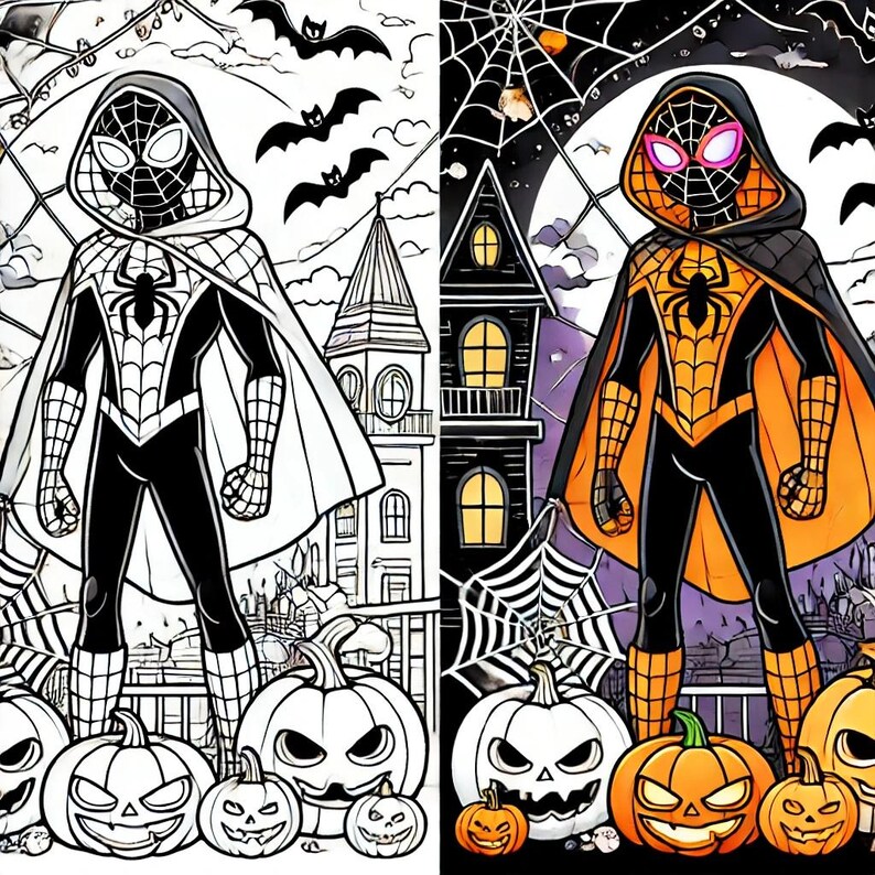 May include: A black and white illustration of Spider-Man wearing a hooded cloak and standing in front of a spooky Halloween scene with pumpkins and a haunted house. The other side of the image shows the same scene but with the Spider-Man character colored in orange and black.