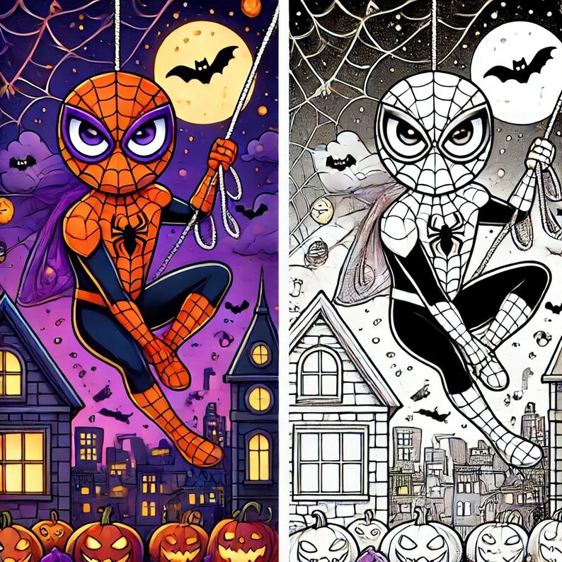 May include: A cartoon illustration of Spiderman dressed in a red and blue costume, swinging from a web in front of a cityscape. The background is a dark purple with a full moon and bats. The image is in a comic book style.