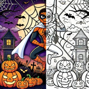 May include: A colorful illustration of a superhero dressed as a spider, wearing a white cape and a mask, swinging from a web in front of a spooky Halloween scene with a haunted house, pumpkins, and bats. The image is split in half, with the left side showing the superhero in color and the right side showing the same image in black and white.