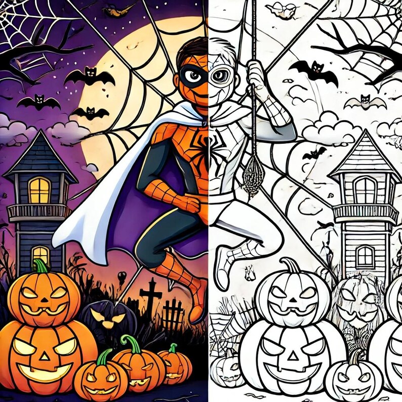 May include: A colorful illustration of a superhero dressed as a spider, wearing a white cape and a mask, swinging from a web in front of a spooky Halloween scene with a haunted house, pumpkins, and bats. The image is split in half, with the left side showing the superhero in color and the right side showing the same image in black and white.