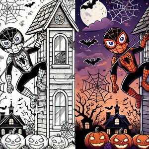 May include: A black and red cartoon Spider-Man character is swinging from a web in front of a spooky Halloween scene. The scene includes a house with a ladder, a tree with bare branches, and pumpkins with jack-o'-lantern faces.