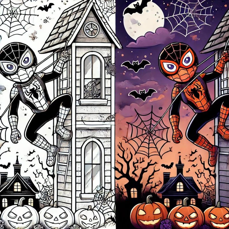 May include: A black and red cartoon Spider-Man character is swinging from a web in front of a spooky Halloween scene. The scene includes a house with a ladder, a tree with bare branches, and pumpkins with jack-o'-lantern faces.