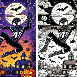May include: A black and white illustration of Spider-Man dressed in a black and white Halloween costume swinging through a web with bats and pumpkins in the background.
