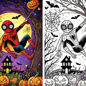 May include: A colorful illustration of a superhero dressed as Spiderman swinging from a tree branch in a spooky Halloween setting. The background features a full moon, bats, and pumpkins.