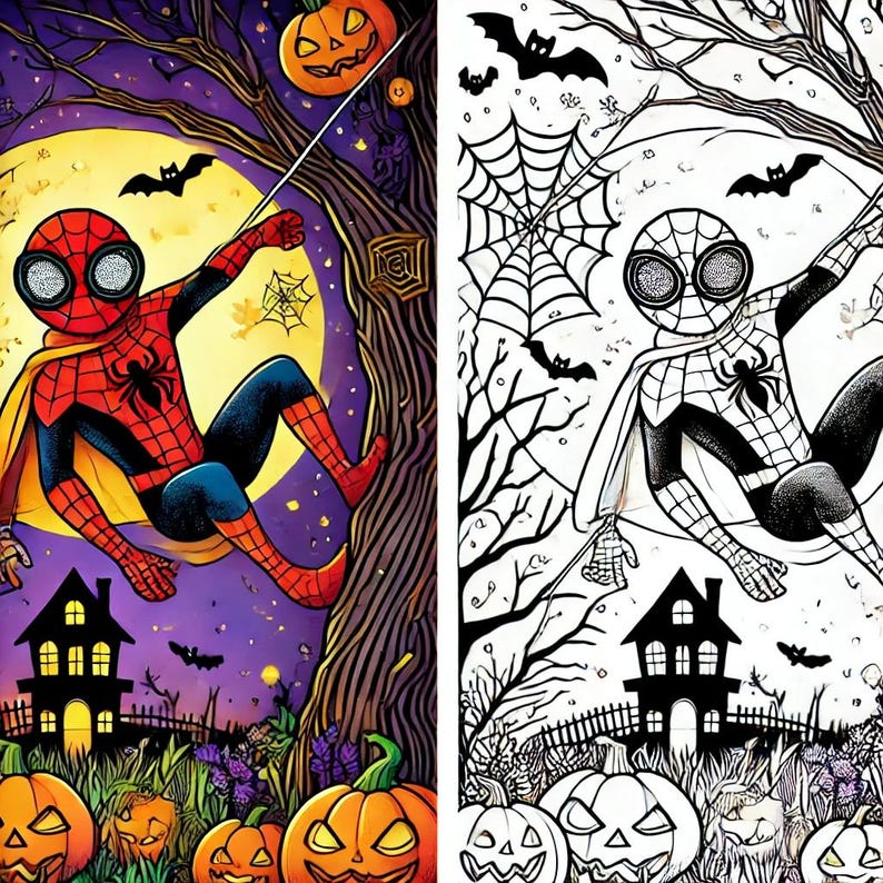 May include: A colorful illustration of a superhero dressed as Spiderman swinging from a tree branch in a spooky Halloween setting. The background features a full moon, bats, and pumpkins.