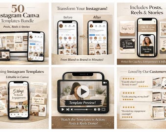 50 Instagram Canva Templates Bundle – Instagram Post and Reel Templates – Social Media Canva Designs for Business & Influencers
