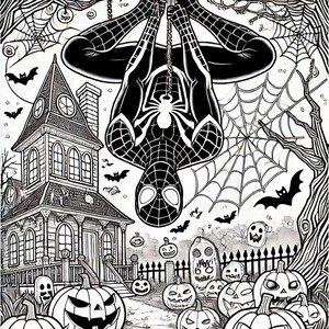 May include: Black and white illustration of Spider-Man hanging upside down in front of a spooky Halloween house with pumpkins and bats. The house has a sign that says "Happy Boo Day".
