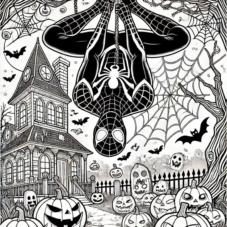 May include: Black and white illustration of Spider-Man hanging upside down in front of a spooky Halloween house with pumpkins and bats. The house has a sign that says "Happy Boo Day".