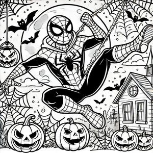 May include: Black and white illustration of Spiderman swinging through a web with a spooky Halloween theme.  He is dressed in his classic red and blue suit with a black spider emblem on his chest.  He is swinging past a house with a jack-o-lantern on the porch and other jack-o-lanterns in the foreground.