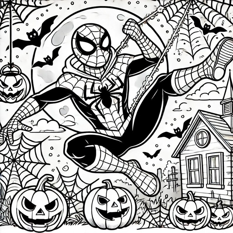 May include: Black and white illustration of Spiderman swinging through a web with a spooky Halloween theme.  He is dressed in his classic red and blue suit with a black spider emblem on his chest.  He is swinging past a house with a jack-o-lantern on the porch and other jack-o-lanterns in the foreground.