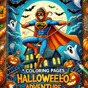 May include: A coloring book cover featuring a superhero in a blue and orange costume flying over a spooky house. The cover has the text "20+ Colorwees Halloween Adventure A4" and features a full moon, bats, and ghosts.