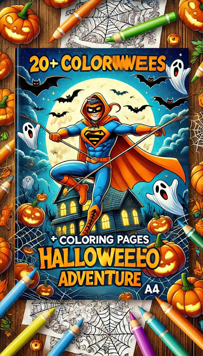 May include: A coloring book cover featuring a superhero in a blue and orange costume flying over a spooky house. The cover has the text "20+ Colorwees Halloween Adventure A4" and features a full moon, bats, and ghosts.