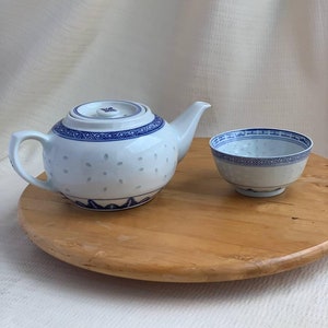 Vintage Rice Eyes Blue & White Porcelain Teapot and Bowl Set | Chinese Blue and White Rice Grain Teapot | Porcelain Tea Set | Free Shipping
