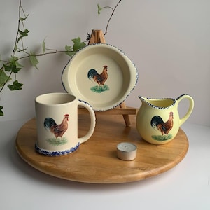 Charming Vintage Farmhouse Rooster Kitchen Trio | Hand-Painted Ceramic Mug, Creamer & Dish | Studio Nova Portugal | Rustic Hosting Decor