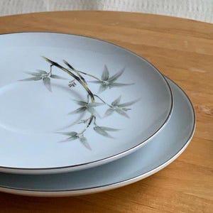 May include: Two light blue ceramic plates stacked on a wooden surface. The top plate features a delicate bamboo design in green, black, and pink. Both plates have a silver trim, adding a touch of elegance to the tableware.