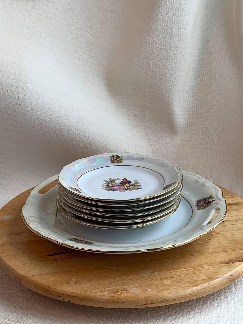 Vintage Chodzież Porcelain Dessert Plates | Pastoral Scene Gold