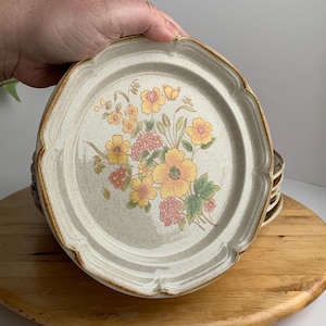 Peut inclure: Un ensemble de six assiettes à dîner vintage à motifs floraux avec des bords festonnés. Les assiettes sont beiges avec un bord brun et présentent un motif floral dans des tons de jaune, rose et vert.