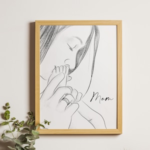 Mom and Newborn Baby Art, Baby feet Holding , Mom And Baby Art, Minimalist Line Art, Dad Child Print, Nursery Decor, Family Print Art