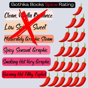May include: A Gothika Books Spice Rating chart featuring six horizontal rows with text descriptions and corresponding red chili pepper icons. A large red X is drawn over the top three rows. The text includes Clean, Low Spice, Moderately Graphic, Spicy, Smoking Hot, and Burning Hot.