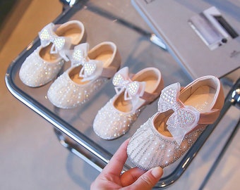 Baptism Baby Girl's Shoes, White Shoes with Pearl, Shining Bow Shoes