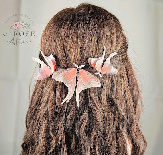 Red brown silk luna moth brooch or hair clip, Silk moon moth with layered wings, Realistic insect jewelry, Gothic gift idea