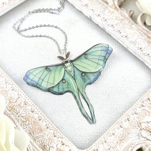 Gothic Luna Moth necklace, 3D silk butterfly with layered wings, Halloween accessories