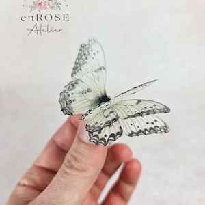 May include: A delicate white butterfly with black markings, crafted from paper, is held in a hand. The butterfly is a handmade decoration, perfect for adding a touch of whimsy to any space.