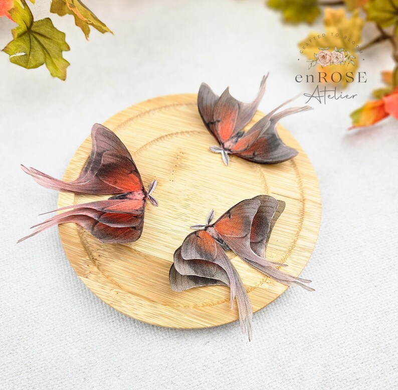 May include: Three delicate, hand-painted butterfly wings in shades of pink and brown, arranged on a wooden surface. The wings are layered and have a realistic appearance.