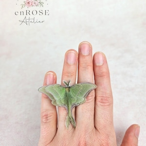 Luna moth ring with layered wings, Boho style jewelry, Silk organza butterfly, fluttering effect, Gothic gift idea, 3D wings