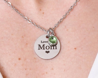 Personalized Disc Necklace, Engraved Name Birthstone Jewelry, Gift for Mom