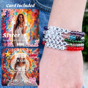 Para hermana - Pulsera de cuentas con nombre personalizado - Aniversario, cumpleaños, regalo de graduación, personalizado, adultos y niños, mujeres, cristal, elástico
