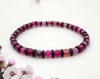 Pink Agate Hematite Bracelet | Heart Chakra Crystal Bracelet | Healing Crystal Jewelry | Gift for Women | 4mm Beaded Stack Bracelet