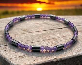 Hematite Amethyst Dainty Beaded Bracelet for Healing Balance Inner Peace Calming Crystals Bracelet Gift for Women 2mm beads