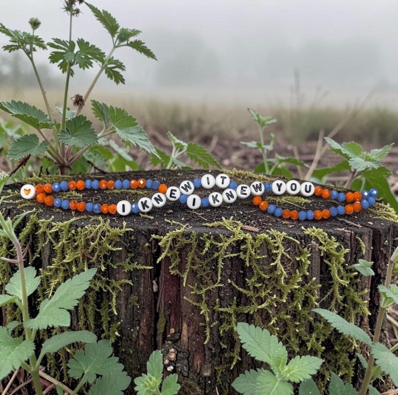 May include: A beaded bracelet featuring alternating orange and blue faceted beads, white letter beads spelling out I KNEW IT I KNEW YOU, and a single orange heart bead. The bracelet is arranged in a circular shape on a mossy tree stump.