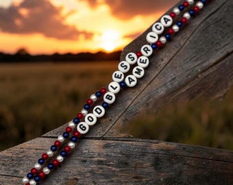 God Bless America Patriotic Bracelet Red White Blue 250 Jewelry Flag Theme 4th of July Memorial Day Veterans Day