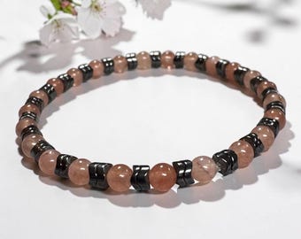 Hematite and Sunstone Beaded Bracelet Handmade Gift for Her or Him