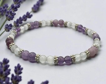 Anxiety Relief Bracelet, Calming Amethyst Lepidolite Selenite Jewelry, Sleep Crystal Bracelet, Dainty Beaded Gemstone Gift for Women, 4mm