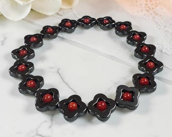 Hematite & Red Bamboo Coral Flower Bracelet | Handmade Stretch Gemstone Bracelet | Black Floral Jewelry Gift for Women