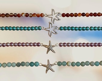Beaded Summer Starfish Bracelet Ocean Beach Sea Turtle Gemstone Jewelry